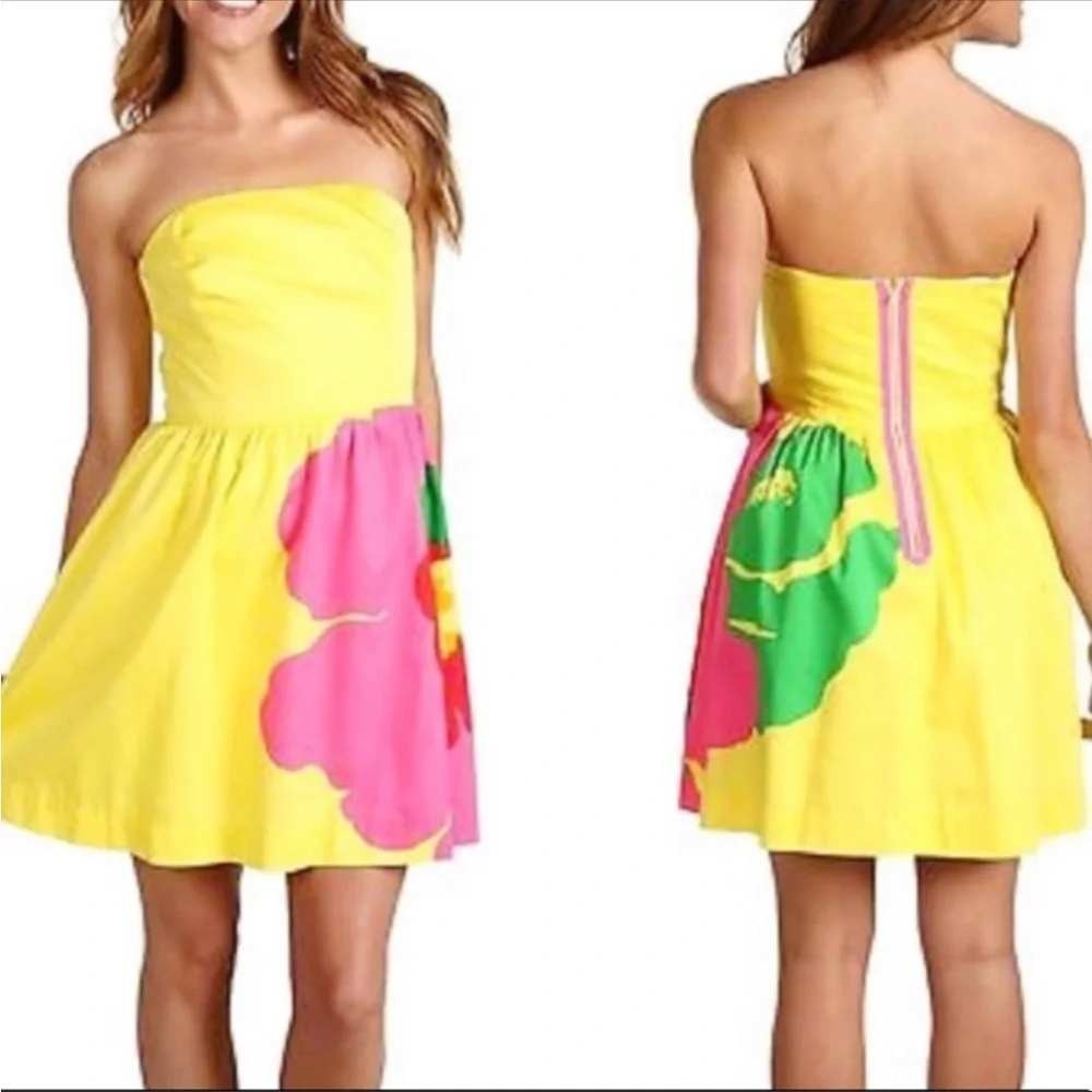065 Lilly Pulitzer Yellow Floral Strapless Cotton Mini Dress Pink (Size 00, EUC)